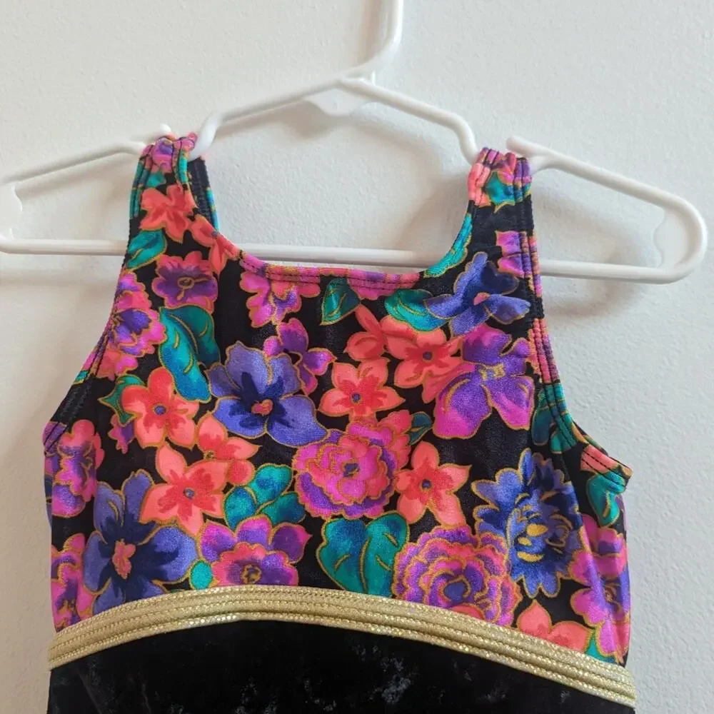 Vtg GK Unitard Girls Sz Medium (5-6) Gymnastics Black Velvet Floral 90s